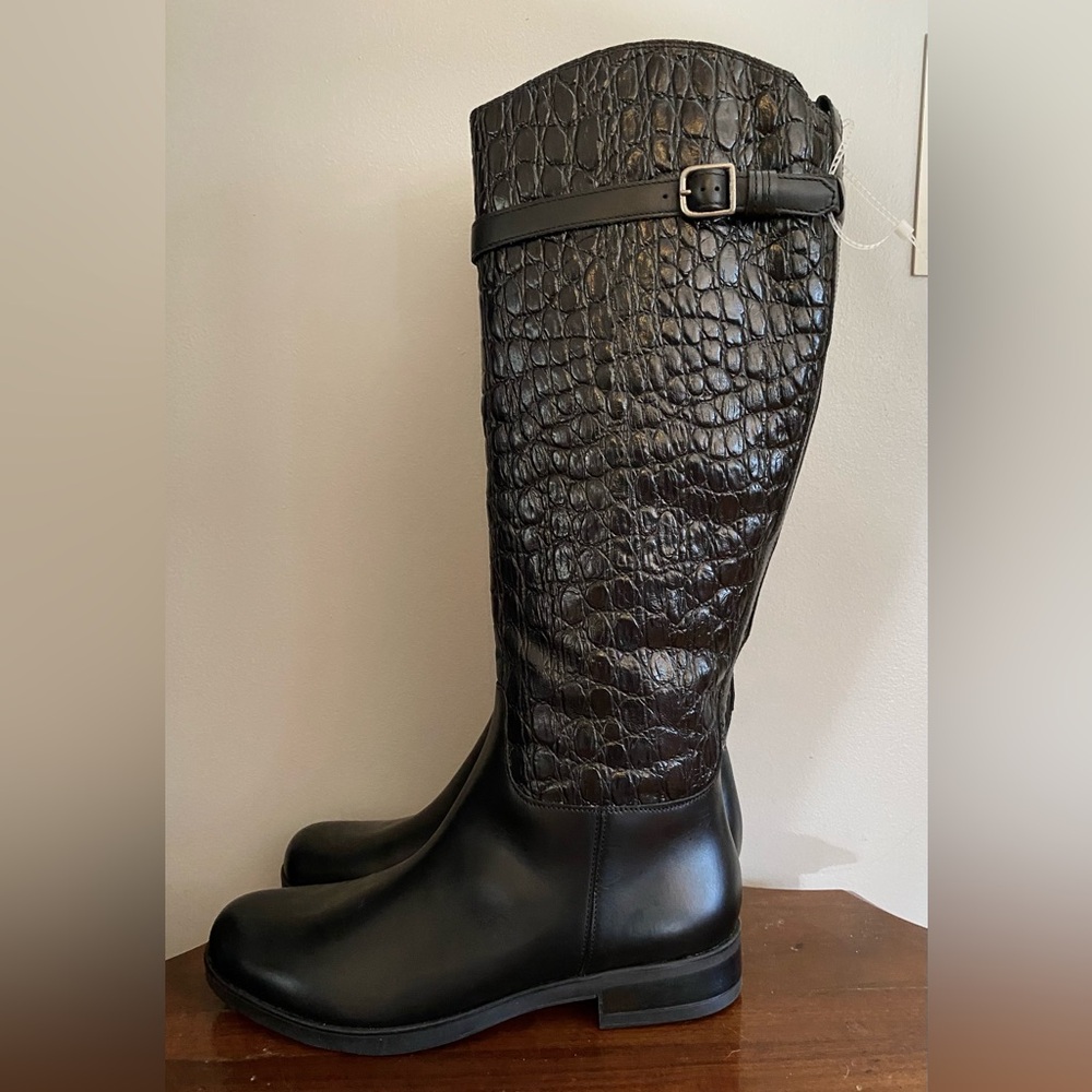 Clarks Hopedale Wish Croc Embossed Black Leather Riding Knee High Boots new